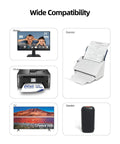 Electronics showcasing wide compatibility with monitor, scanner, printer, TV, and speaker displayed.