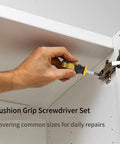 Ultimate Multi-Purpose Screwdriver Set With Ergonomic Non-Slip Cushion Grip Handle Designed For Heavy Duty Work and Precision Repairs While Reducing Hand Fatigue And Delivering Rock Solid Control On All Fastening Tasks Even In Messy Wet Or Oily Conditions. hand using yellow screwdriver to adjust cabinet hinge