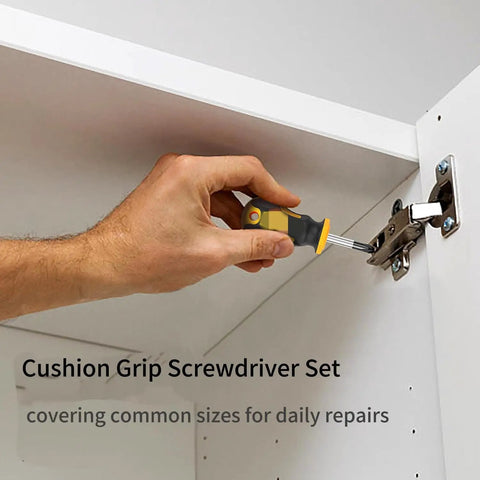 Ultimate Multi-Purpose Screwdriver Set With Ergonomic Non-Slip Cushion Grip Handle Designed For Heavy Duty Work and Precision Repairs While Reducing Hand Fatigue And Delivering Rock Solid Control On All Fastening Tasks Even In Messy Wet Or Oily Conditions. hand using yellow screwdriver to adjust cabinet hinge
