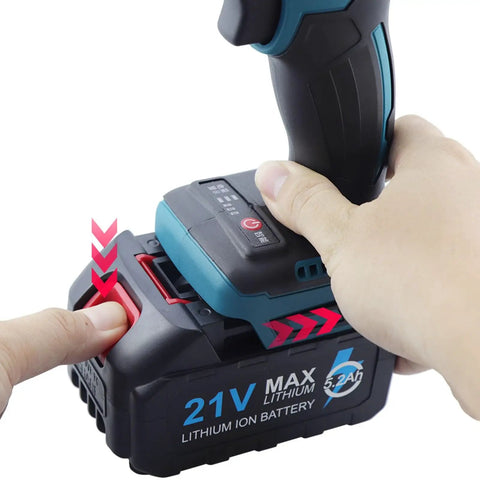A Straight Up Badass Cordless Electric Rivet Nut Gun Set Built With Automatic M3 To M12 Ram Head Specs, showcasing the 21V lithium ion battery in use.