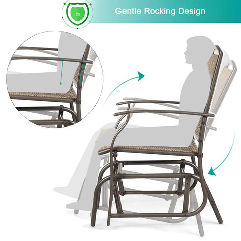 Outdoor Glider Chairs Set Of 2 With Sturdy Metal Frame And Breathable Mesh, gentle rocking design illustrated.