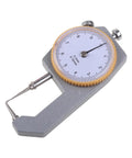 Paint Thickness Gauge and Leather Craft Thickness Tester, 0-10mm Range, close-up of handheld measuring tool with dial indicator.