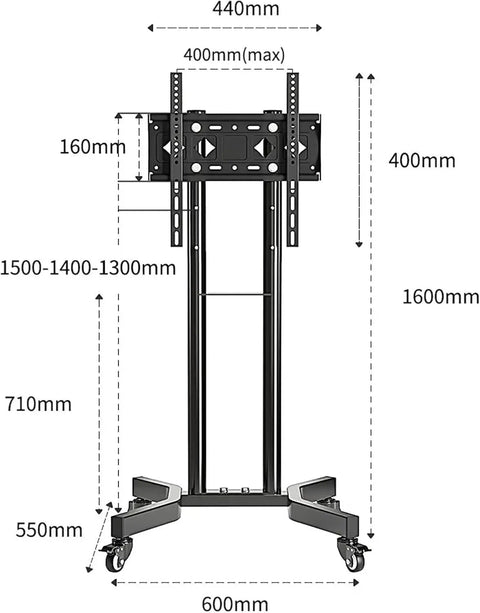 Straight Up Solid Rolling TV Cart With Height Adjustable Monitor Arms And Heavy Duty Mobile Entertainment Stand dimensions and design details.