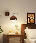 Swing Arm Wall Sconce, Modern Wood Lamp Bedside Reading Bedroom with polished chrome arm and dome shade.