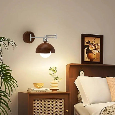 Swing Arm Wall Sconce, Modern Wood Lamp Bedside Reading Bedroom with polished chrome arm and dome shade.