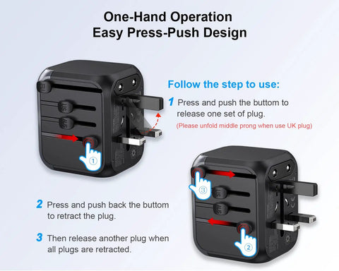 Two views of All In One International Travel Plug Adapter With USB C And Four USB Ports, showing press-push design instructions.