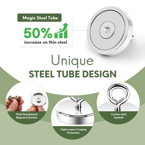 Unique steel tube design of Heavy Duty Silver Fishing Magnet 2.0 Inch With Eyebolt Handle 350lb Neodymium Pickup Magnet