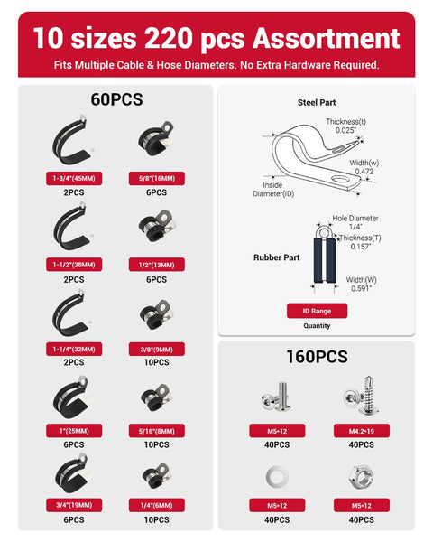 Image of All In One 220 Piece Rubber Cushioned Cable Clamp Kit With 60 P Clamps In Ten Sizes From One Quarter Inch To One And Three Quarters Inch Plus One Hundred Sixty Fasteners For Automotive And DIY Pipes Hoses And Wiring.