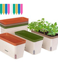 Self Watering Planters 6 Pack 10.5 Inch Rectangular Window Herb Planter Box With 10 Plant Labels Indoor Outdoor No Fuss Plant Container For Basil Flowers Succulents Two Layer Self Watering System Easy Moisture Control with colorful labels shown.