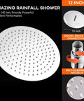 12 Inch Rainfall Shower Head With 11 Inch Brass Adjustable Arm High Pressure Stainless Steel Chrome Finish Ultra Thin Design