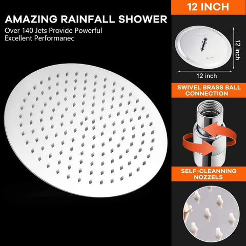 12 Inch Rainfall Shower Head With 11 Inch Brass Adjustable Arm High Pressure Stainless Steel Chrome Finish Ultra Thin Design