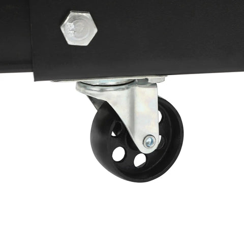 Built Tough Two Ton Hydraulic Engine Hoist With Folding Cherry Picker Design And Integrated Stands To Roll Right Through Your Garage While Lifting Motors With Six Iron Caster Wheels. Close-up of iron caster wheel, showcasing sturdy design.