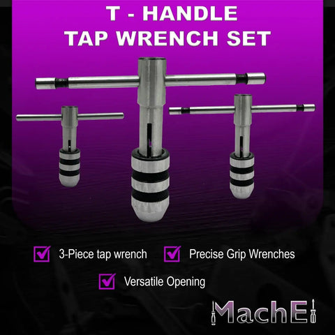 Three Piece T Handle Tap Wrench Set With Solid Collet Jaws for Effortless Tapping and Reaming in various sizes