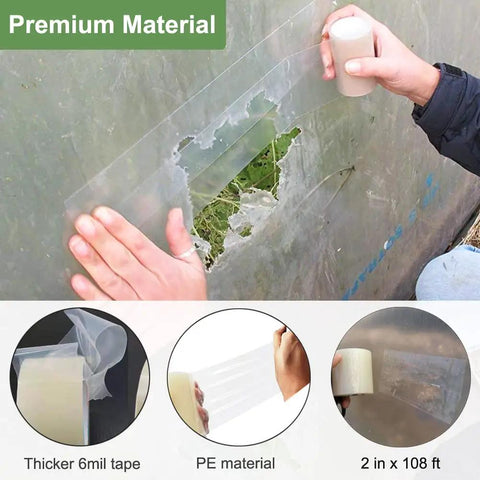 Reinforced Greenhouse Repair Tape, 2 Inch By 108 Foot, 6 Mil PE Plastic Sheeting Tape For No Fuss Seaming And Sealing, Waterproof Patch Kit For Greenhouse Covers, Clear Weatherproof Adhesive Tape