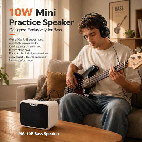 Person playing bass guitar with Compact 10W Bass Amp For Practice, Dual Channel Normal And Drive, next to them on a table.