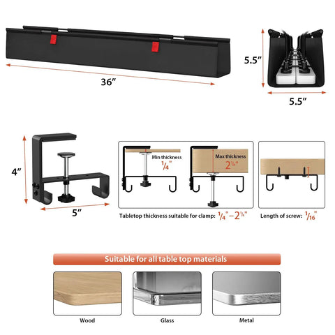 Diagram of a 36 Inch Under Desk Cable Management Tray With Clamp And Screws showing dimensions and installation options for various surfaces.