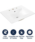 Top Tier 24 Inch Bathroom Sink Top Crafted From Heavy Duty White Ceramic With A No Fuss Three Hole Design Ideal For Fast Vanity Fixes And That Slick Modern Look Everyone Loves, side view.