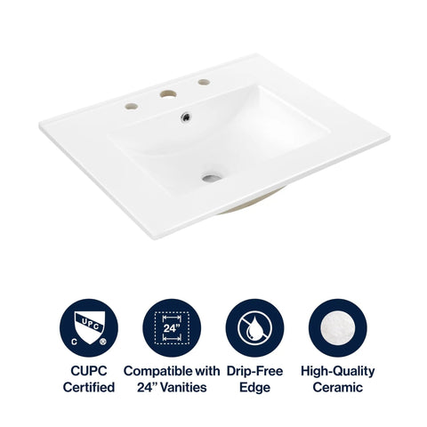 Top Tier 24 Inch Bathroom Sink Top Crafted From Heavy Duty White Ceramic With A No Fuss Three Hole Design Ideal For Fast Vanity Fixes And That Slick Modern Look Everyone Loves, side view.