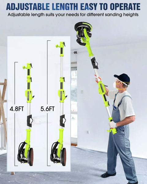 Person using Drywall Sander With Vacuum Dust Collection, 7.2 Amp Copper Motor, 6 Variable Speeds, LED Light, Foldable Handle, 4.8-5.6ft height