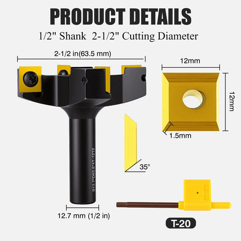 Pro Grade CNC Spoilboard Surfacing Router Bit Set With 4 Wings, 1/2 Inch Shank, 2-1/2 Inch Cutting Diameter, 10 Carbide Inserts