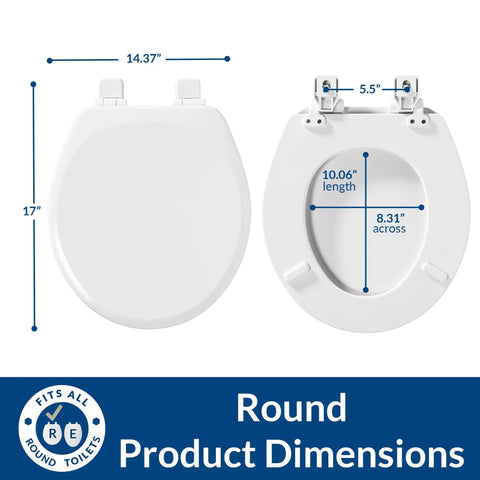 Linden Soft Close Toilet Seat 2 Pack Non Slip Heavy Duty Wood Round White Easy Install Made In USA Quiet Hinges dimensions