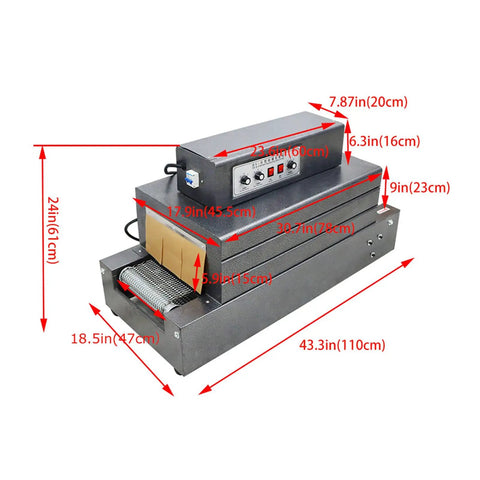 No Nonsense Heavy Duty 220V Heat Shrink Tunnel Machine Featuring Quartz Infrared Tubes for POF PVC wrap dimensions and features.