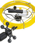 Heavy Duty Waterproof Snake Camera With Dual Lens And 9 Inch Color Monitor Game Changing Drain Inspection Kit Featuring 50 Meter Wire Length Sweet Dvr Recording And No Sweat Operation Specs with yellow wire and black probe.