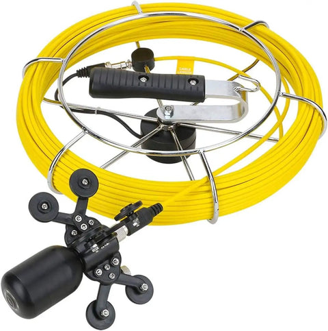 Heavy Duty Waterproof Snake Camera With Dual Lens And 9 Inch Color Monitor Game Changing Drain Inspection Kit Featuring 50 Meter Wire Length Sweet Dvr Recording And No Sweat Operation Specs with yellow wire and black probe.