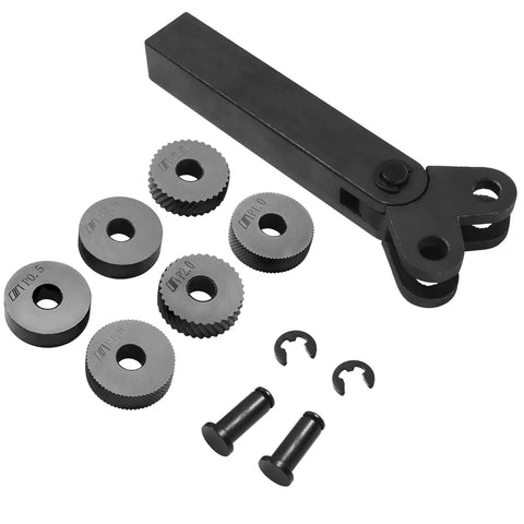 Heavy Duty Lathe Tools Set With High Hardness Metal Cutting Bits And Three Pattern Knurling Wheel Sets displayed on white background