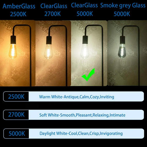 Lighting comparison of Six Pack Dimmable E26 LED Edison Bulbs 6W 600 Lumens, showcasing color temperatures from 2500K to 5000K.
