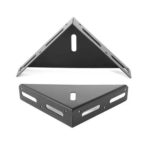 Heavy Duty 2 Pack Steel Angle Brackets With Triangular Corner Support For Wooden Shelving And Cabinet Fixtures, shown at different angles.