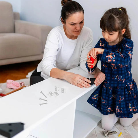 Young girl with adult assembling furniture using Mini Copper Hinges Set 75 Pieces With Screws 4 Hole Small Retro Hinges For Jewelry Boxes DIY.