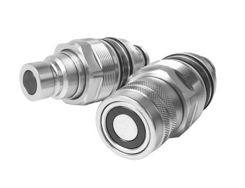 Hydraulic flat-face quick-connect coupler kit with two metal male and female couplers, 46 mm thread.