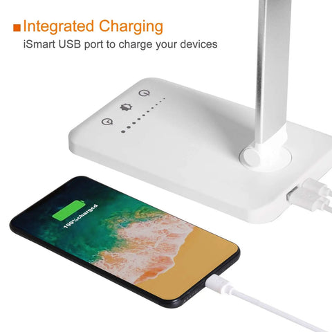 Eye Caring LED Desk Lamp With USB Charging Port, Touch Dimmable Office Light base showing integrated USB charging with phone connected.