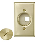QuickPort Brass Floor Jack Assembly with two blank inserts, satin finish, flush brass cap, durable for heavy traffic.