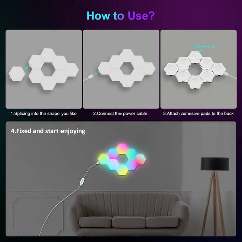 Hexagon RGB LED Light Panels With App And Remote Music Sync Wall Lights For Room Decor installation guide