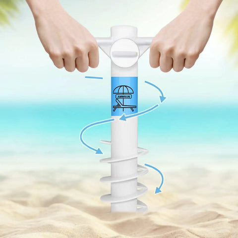 Hands using Beach Umbrella Sand Anchor Heavy Duty Base With 5 Spiral Screws Universal Fit For Most Beach Umbrellas Wind Resistant Holder Stand White Durable ABS Plastic That Wont Rust In Sand Or Salt Water on beach sand.
