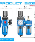 Half Inch NPT Air Filter Regulator Lubricator Combo With Water And Oil Trap Separator, Gauge To 150 PSI, product dimensions shown