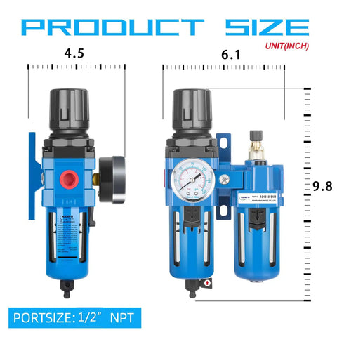Half Inch NPT Air Filter Regulator Lubricator Combo With Water And Oil Trap Separator, Gauge To 150 PSI, product dimensions shown