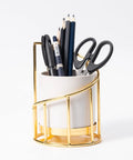 White And Gold Ceramic Pen Holder With Metal Frame For Desk Aesthetic Pencil Cup And Makeup Brush Organizer Chic Office Desk Accessory