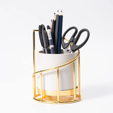 White And Gold Ceramic Pen Holder With Metal Frame For Desk Aesthetic Pencil Cup And Makeup Brush Organizer Chic Office Desk Accessory