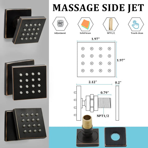 2 Inch Brass Square Massage Shower Body Sprayer Jets In Oil Rubbed Bronze Set Of 6 With Dope Adjustable Diagram and Features