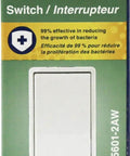 Decora Antimicrobial 15 Amp Single Pole Wall Switch 5601-2AW White packaging with 15A 120/277V AC/CA label
