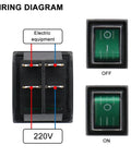 DPST Rocker Switch With Waterproof Cover, On Off 4 Pin, Green LED, Beefy Snap In Power Switch For Cars, Boats, And Home Gear, Weather Ready, UL Recognized VDE Certified, 2 Pack wiring diagram, 220V connections, front and back views