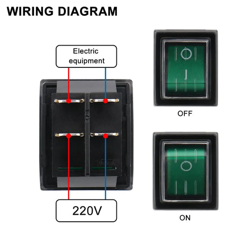 DPST Rocker Switch With Waterproof Cover, On Off 4 Pin, Green LED, Beefy Snap In Power Switch For Cars, Boats, And Home Gear, Weather Ready, UL Recognized VDE Certified, 2 Pack wiring diagram, 220V connections, front and back views