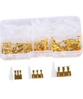 Kickstart Your DIY Projects With This Awesome 150 Piece Assorted Female Crimp Spade Terminal Kit Featuring 2.8mm 4.8mm And 6.3mm Connectors Plus Full Insulation Sheath For Serious Wire Wrapping Mastery. Clear plastic case with gold female spade terminals and insulated sleeves