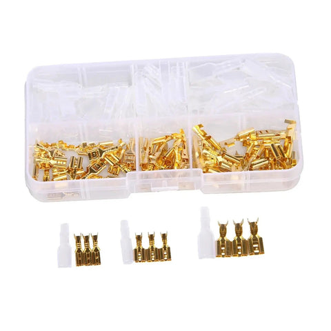 Kickstart Your DIY Projects With This Awesome 150 Piece Assorted Female Crimp Spade Terminal Kit Featuring 2.8mm 4.8mm And 6.3mm Connectors Plus Full Insulation Sheath For Serious Wire Wrapping Mastery. Clear plastic case with gold female spade terminals and insulated sleeves