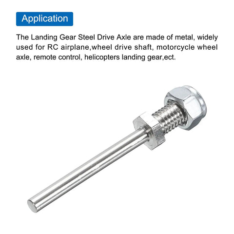 Pack Of 2 Beefy Heavy Duty RC Landing Gear Steel Axles One Eighth Inch Dia with M5 Threaded Shafts and Nuts, close-up angle