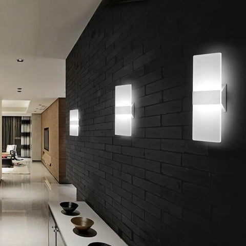 Set Of 2 Sleek Modern LED Wall Sconces 12W Cool White Light mounted on a dark wall in a stylish living room