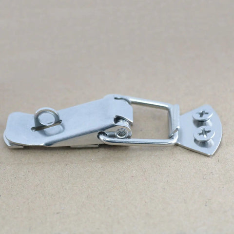 Close-up of Beefy Stainless Steel Toggle Latch Hasp Set Keeps Your Toolbox Cabinet Trunk Trailer Door And Hood Locked Up Tight Two Pack
